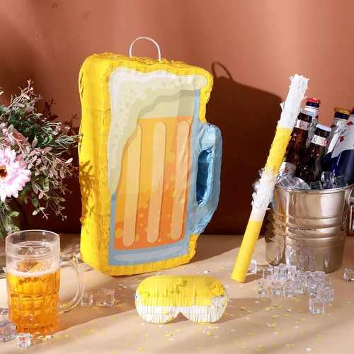 Vista 5 de Sratte Piñata de cerveza con palo y venda de los ojos con confeti, taza de vidrio para colgar, decoración mexicana para cumpleaños, despedida