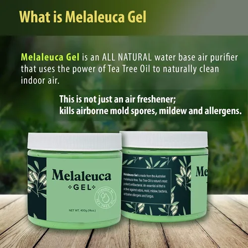 Vista 3 de Melaleuca Gel Purificador de Aire Natural, Ambientador Eliminador de Olores con Aceite Esencial de Árbol de Té 100% Australiano. Aire limpio