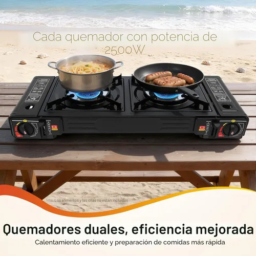 Vista 2 de Estufa de camping portátil de 2 quemadores, estufa de campamento de butano, estufa de campamento de viaje al aire libre para campamento, barbacoa