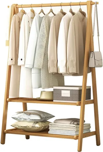 Vista 14 de Perchero de madera de bambú, con estantes de almacenamiento, estante para colgar ropa, para entrada, sala de estar, dormitorio