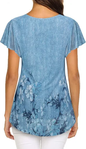 Vista 3 de Timeson Blusa de manga corta para mujer, diseño floral, de doble capa, casual, elegante