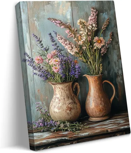 Vista 21 de gaosoul Arte de Pared de Lienzo de Granja Pintura de Campo Francés con Ramo de Lavanda Mariposas Fondo de Madera Envejecida Póster Floral Enmarcado