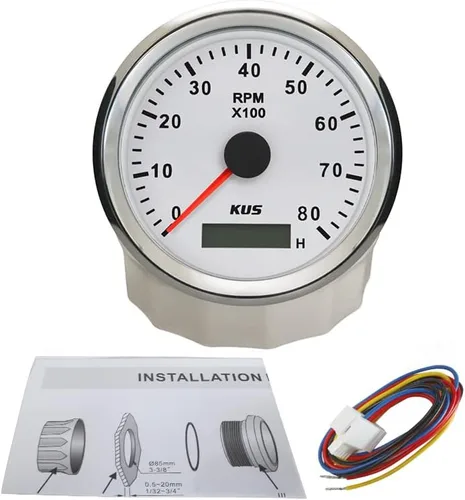 Vista 5 de KUS Tacómetro universal de 3.346 in 0-8000 RPM Contador REV con medidor de horas para motor de gasolina 12V/24V con retroiluminación