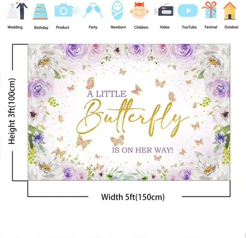 Vista 3 de Avezano Telón de fondo de mariposa para baby shower, flores moradas, manchas doradas, con texto en inglés "A Little Butterfly is on the Way", fondo