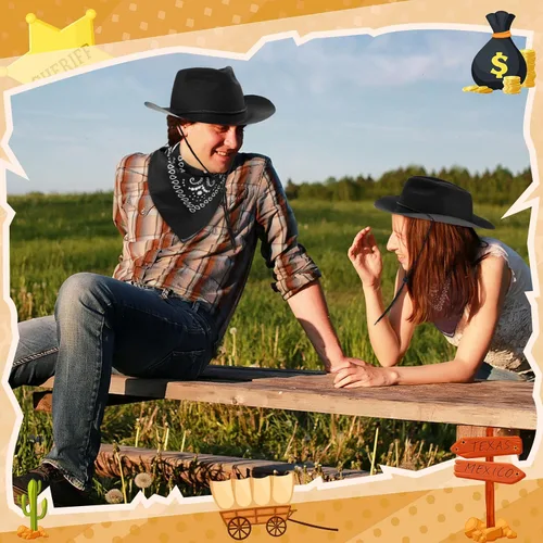 Vista 5 de Hillban Paquete de 48 sombreros de vaquero y bandanas, sombreros de vaquero de plástico de fieltro para mujeres y hombres, suministros de fiesta