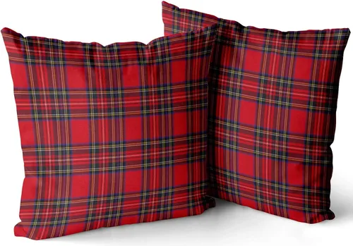 Vista 2 de Juego de 2 fundas de almohada para decoración del hogar, fundas de almohada cuadradas a cuadros rojos de tartán Royal Stewart con estampado de dos