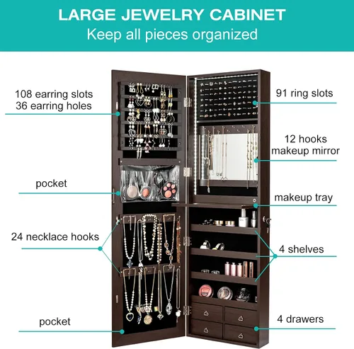 Vista 4 de CHARMAID Armario de joyería con tira LED con espejo de longitud completa de 47.2 pulgadas de alto, organizador de joyas montado en la paredpuerta