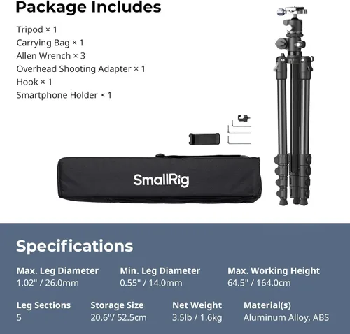 Vista 9 de SmallRig CT25 Trípode horizontal de 64.5 pulgadas para iPhone y cámara, con soporte para teléfono y bolsa de transporte, trípode ligero de aluminio