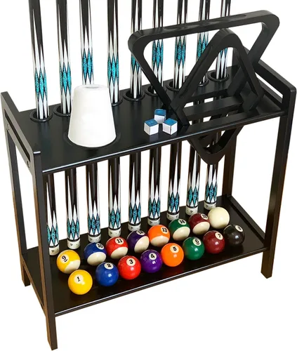 Vista 7 de Soporte de piso para palos de billar con capacidad para 9 tacos y accesorios de mesa de billar. Almacenamiento de palo de madera de 2 niveles