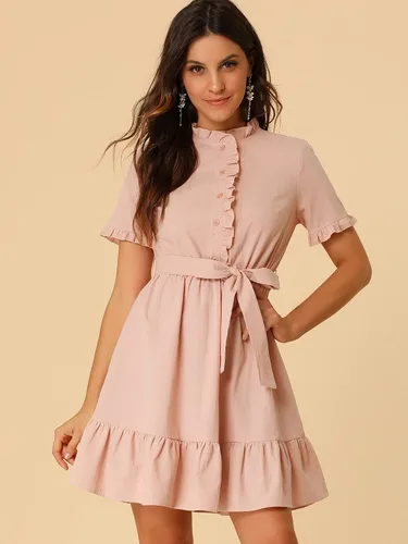 Vista 3 de Allegra K Vestido camisero de algodón ajustado y acampanado para mujer con cinturón y botones frontales con volantes, M