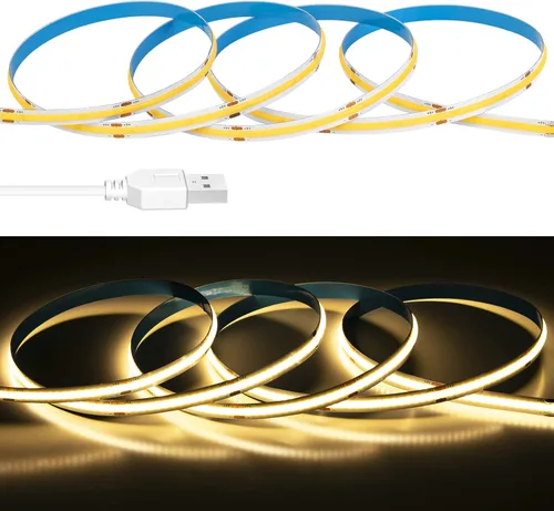 Vista 2 de Tira de luz LED USB de 6.56 pies, 5 voltios alimentada por USB, luces LED COB de 3000 K, blanco cálido de 0.315 in, tiras flexibles de alta densidad