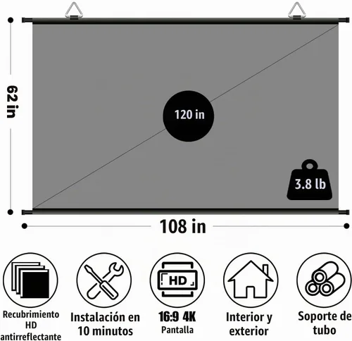 Vista 8 de Pantalla de proyector de 120 pulgadas, pantalla de proyector de películas portátil para exteriores e interiores con 3 ganchos adhesivos, pantalla