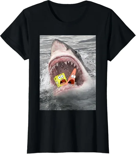 Vista 33 de Camiseta divertida de Bob Esponja con diseño de tiburón y ataque de tiburón para hombres y mujeres Negro