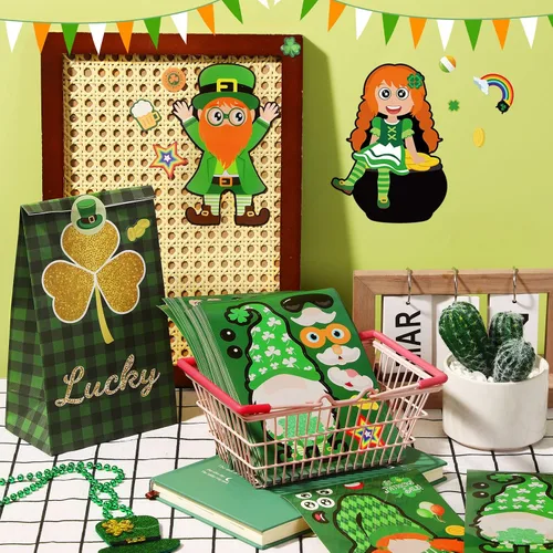 Vista 4 de NOVWANG Calcomanías del día de San Patricio para niños, 48 calcomanías de trébol y cara, manualidades para recuerdos de fiesta irlandeses