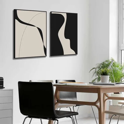 Vista 4 de BOKPEN Arte de pared de lienzo abstracto en blanco y negro, pinturas minimalistas de líneas, obras de arte, póster geométrico de mediados de siglo