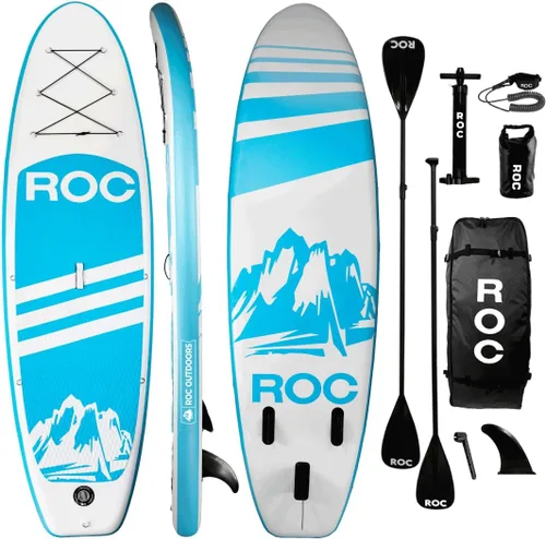 Vista 42 de Roc Tabla de remo inflable con accesorios y mochila de alta calidad, cubierta antideslizante, bolsa impermeable, correa, remo y bomba de mano.