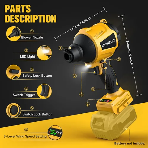 Vista 3 de LIVOWALNY Soplador de polvo inalámbrico compatible con batería Dewalt de 20 V, soplador de hojas sin escobillas, soplador de aserrín de mano 447
