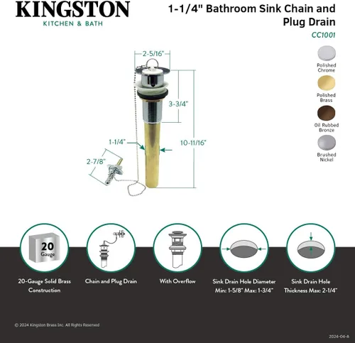 Vista 4 de Kingston Brass CC1008 Concord - Drenaje de lavabo extraíble de calibre 20 con tapón, níquel cepillado