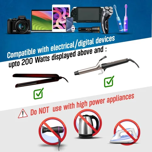 Vista 3 de Ceptics Convertidor de voltaje reductor de 200 W – Convertidor de voltaje de 220 V a 110 V para rizador, alisador, cargador – Carga rápida USB-A y C