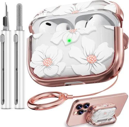 Vista 45 de Inesore Funda con bloqueo de seguridad para AirPods 4 2024, bonita funda floral para AirPod de 4ª generación para mujeres con kit limpiador