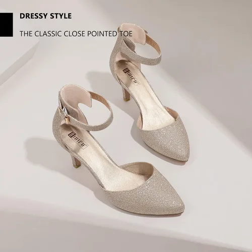 Vista 4 de IDIFU IN3 D'Orsay Zapatos de tacón bajo para mujer, zapatos de vestir puntiagudos con puntera cerrada, correa de tobillo para novia, elegante