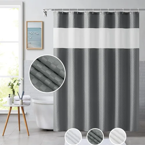 Vista 3 de Juego de curatina de ducha de tela de cubo mágico gris con ganchos, 70 x 72 Costuras grises