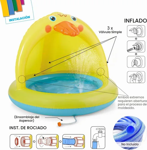 Vista 4 de Piscina para bebés con sombra, juego de piscina Sprinkle and Splash, bañera de pato al aire libre de 39 pulgadas