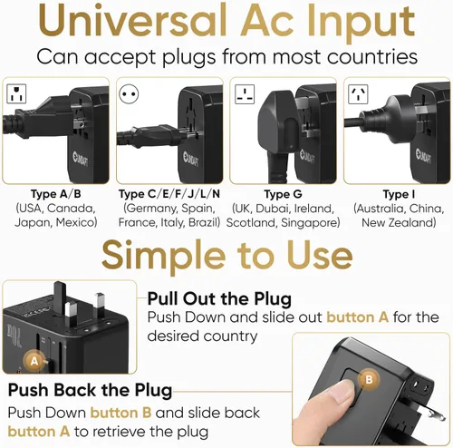 Vista 4 de Unidapt Adaptador de viaje universal, adaptador de enchufe internacional de 70W con 3 USB-C PD de carga rápida y 2 USB-A de carga rápida, adaptador