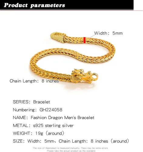 Vista 6 de H&Beautimer Pulsera de cadena de dragón de plata de ley 925 de moda, 5MM-7 "8" 9" Brazalete de eslabones laterales gruesos sólidos para hombre