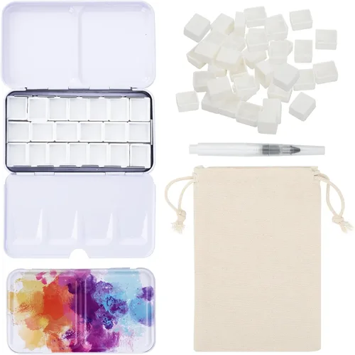 Vista 13 de PEVART Paleta de pintura de acuarela vacía, caja de metal con 37 medias bandejas de color de agua y paleta plegable, bandeja de pintura de estaño