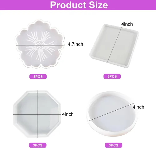 Vista 5 de Moldes de posavasos de resina Loyohep, moldes de silicona para resina, 12 piezas con moldes de posavasos redondos, cuadrados, octagonales y florales