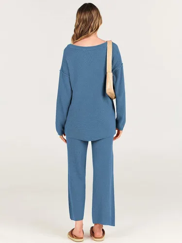 Vista 6 de ANRABESS Conjunto de 2 piezas para mujer, conjunto de suéter holgado holgado de punto de gran tamaño, conjunto de ropa de descanso a juego de moda