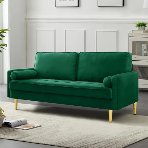 Vista 3 de Sofá LoveSeat de 67 pulgadas, sofá biplaza, sofás modernos de tela de terciopelo con diseño de puntos con dos almohadas redondas para espacios Verde