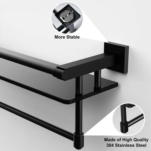 Vista 6 de Estante de vidrio para baño de 20 pulgadas, estantes de baño con barra para toallas, estantes de vidrio templado con soporte para toallas de acero