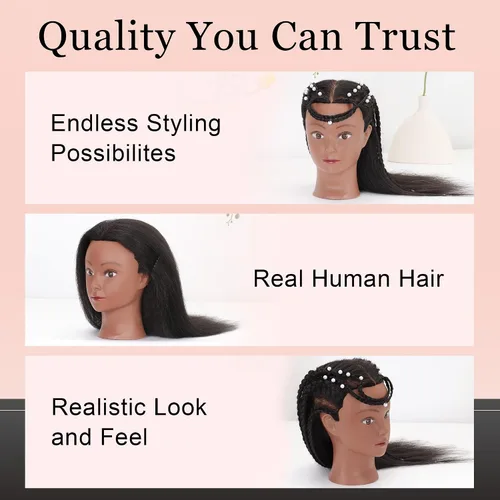 Vista 4 de YODIDI Cabeza de maniquí con cabello 100% humano, cabeza de maniquí de cabello humano, cosmetología, cabeza de muñeca para peinado, práctica