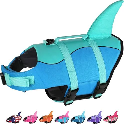 Vista 22 de Dogcheer - Chaleco salvavidas para perros, lindo diseño de tiburón para natación y navegación con flotabilidad superior y asa de rescate, chaleco