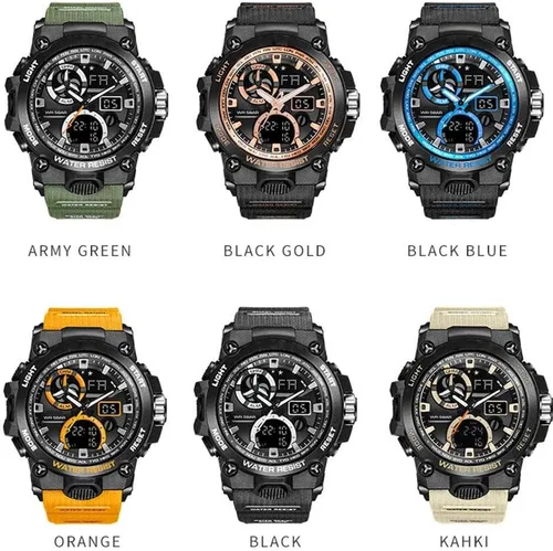 Vista 5 de Reloj analógico de cuarzo para hombre con doble pantalla y alarma digital con iluminación LED