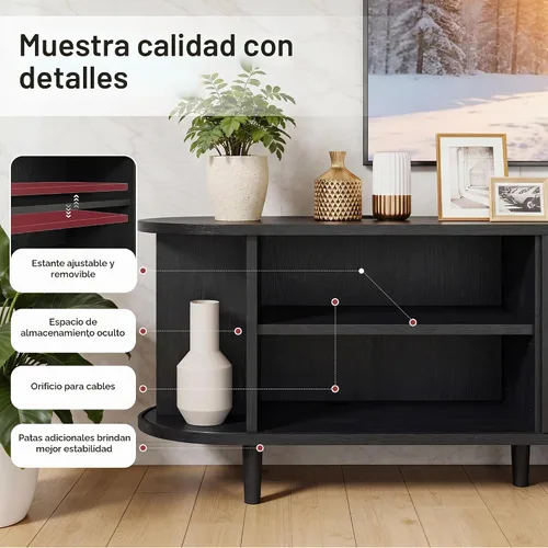 Vista 5 de Soporte de TV moderno de mediados de siglo de 58 pulgadas, consolas de TV de madera con puertas correderas y toma de corriente, centro