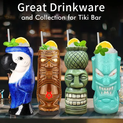 Vista 6 de SuproBarware Tiki - Juego de 4 tazas grandes de cerámica hawaiana para fiestas, cócteles, tazas tropicales de primera calidad, bonitas copas