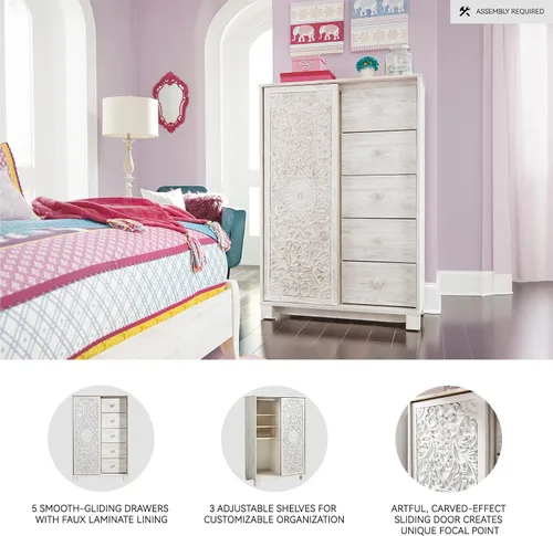 Vista 21 de Signature Design by Ashley Cómoda alta blanca para dormitorio, vestidor