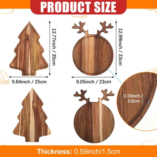 Vista 2 de Umigy 2 Piezas Tablas de Charcutería de Navidad Tabla de Cortar de Madera en Forma de Árbol de Navidad con Mango Cornamenta Madera de Acacia Linda