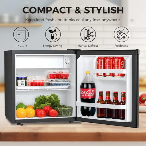 Vista 2 de Antarctic Star Mini refrigerador de 1.6 pies cúbicos con congelador, refrigerador pequeño y compacto con puerta reversible individual, estantes
