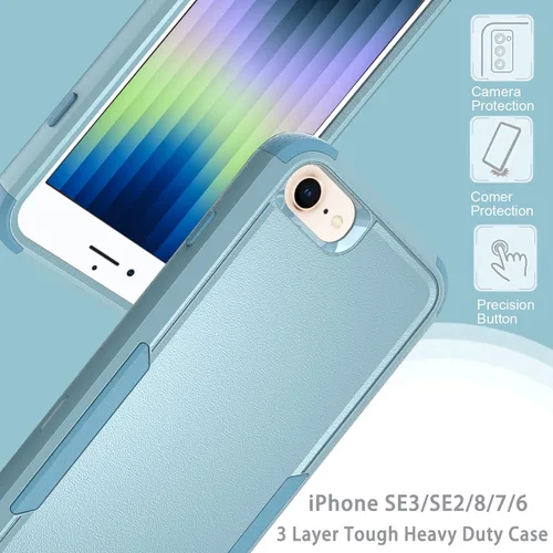 Vista 3 de PinLiSheng Funda para iPhone SE 2022/iPhone SE 2020/iPhone 8/7, [protección contra caídas de grado militar] 3 capas, resistente, resistente, funda