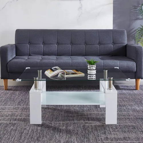 Vista 3 de Mesa de centro con protectores de esquina de seguridad, mesa de centro de vidrio, mesa central de vidrio de 2 niveles con estante de vidrio