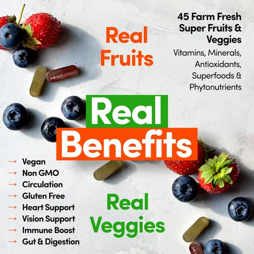 Vista 3 de Country Farms Suplemento de frutas y verduras, 180 cápsulas de frutas y 180 verduras, verduras y rojos llenos de superalimentos, potentes