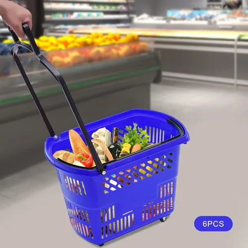 Vista 2 de Carritos de compras de plástico, 6 cestas de compras con ruedas, carrito de compras de 35 l con asas, cesta de compras portátil en supermercados