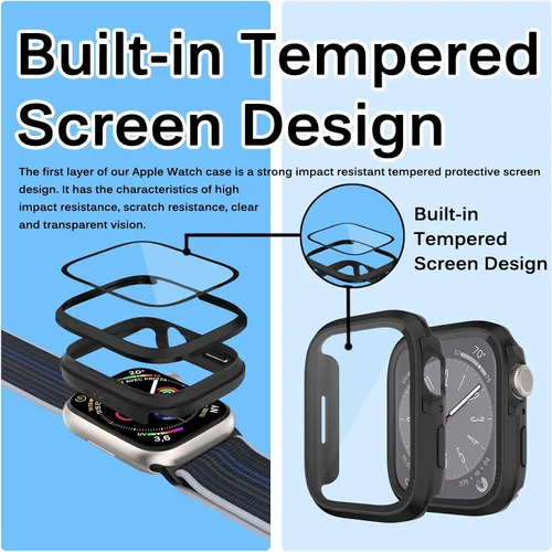 Vista 4 de Miimall Compatible con Apple Watch Series 9, 8, 7, protector de pantalla de metal con protector de pantalla de vidrio, [a prueba de golpes y caídas]
