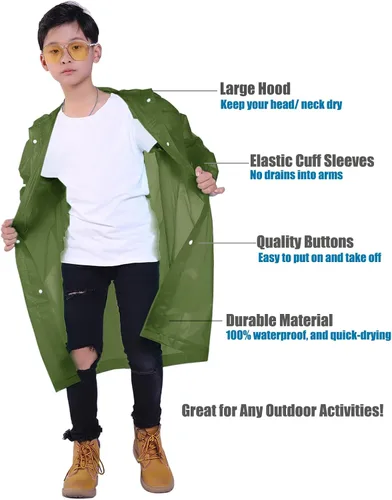 Vista 71 de Chaqueta de lluvia para niños, paquete de 2 ponchos de lluvia para niños, impermeables reutilizables para niños y niñas, impermeable, para exteriores