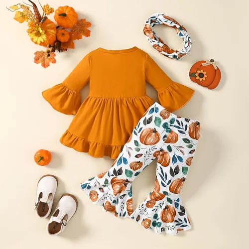 Vista 2 de Noubeau Toddler Baby Girls Halloween Outfits Letter Print Flare Sleeve Dress Shirt Cute Pumpkin Bell-Bottoms Pants Scarf