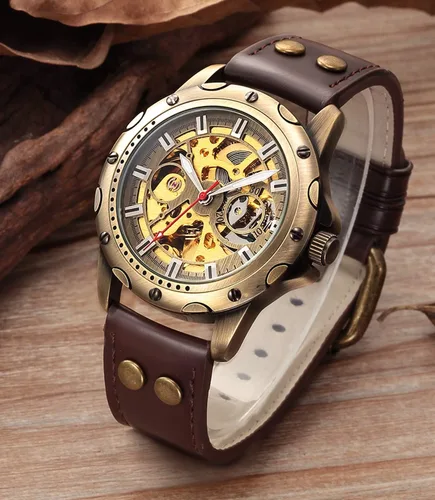 Vista 2 de Carrie Hughes Relojes de pulsera para hombre, reloj automático Steampunk, reloj vintage de esqueleto de bronce automático de cuero-CH19B, CH19B